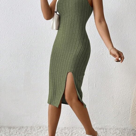 Womens Summer Tank Dress Ribbed Midi Sleeveless Bodycon Side Slit Casual - Picture 3 of 4